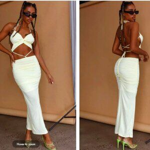 Hello Molly Revolve  STRAP cut out RUCHED MIDI DRESS LEMON midi dress set Size S